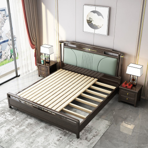 宜木雅居 新中式实木床主卧大床1.8米双人床现代中式卧室1.5米软靠床储物床
