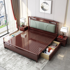 宜木雅居 新中式实木床主卧大床1.8米双人床现代中式卧室1.5米软靠床储物床