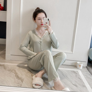 波迷娜(BOMINA)韩版睡衣女春季显瘦修身新款长袖长裤两件套薄款螺纹棉家居