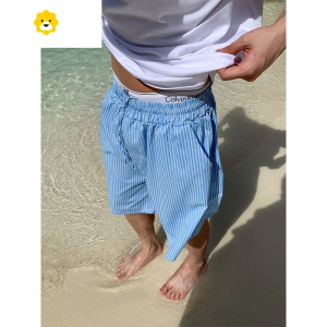 FISH BASKETR1D季新款蓝色条纹短裤男女抽绳沙滩宽松阔腿休闲百搭五分裤