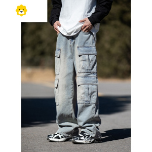 FISH BASKET日系多口袋设计工装牛仔裤男士季潮牌宽松直筒休闲长裤子