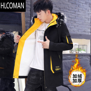 HLCOMAN风衣男韩版潮流中长款加绒加厚夹克青少年学生2023棉衣外套