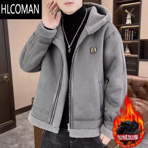 HLCOMAN一体夹克男青少年冬季棉衣外套韩版潮牌连帽加绒颗粒绒上衣服