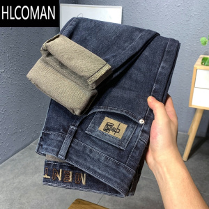 HLCOMAN高端黑灰色牛仔裤男厚款宽松弹力小直筒修身欧版潮牌加绒男裤