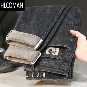 HLCOMAN高端黑灰色牛仔裤男厚款宽松弹力小直筒修身欧版潮牌加绒男裤