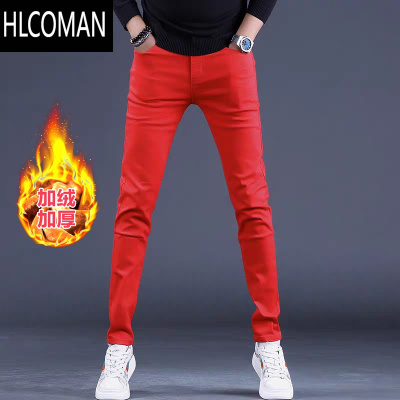 HLCOMAN2023年弹力男士牛仔裤纯红色潮牌修身小脚潮流加绒休闲裤子
