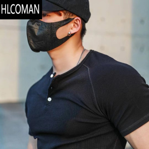 HLCOMAN2024美式亨利领短袖t恤男夏季纯色纽扣修身弹力螺纹打底衫潮