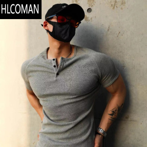 HLCOMAN2024美式亨利领短袖t恤男夏季纯色纽扣修身弹力螺纹打底衫潮
