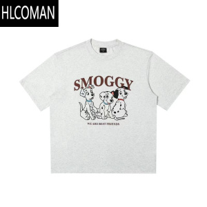 HLCOMAN2024夏季新款短袖美式复古可爱斑点狗狗动物图案圆领t恤男女情侣