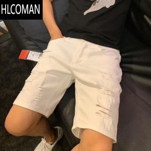 HLCOMAN2022夏季薄款破洞牛仔短裤男潮牌百搭修身白色五分裤韩版休闲中裤