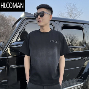 HLCOMAN半截袖潮流百搭情侣短袖t网红同款小衫夏季渐变做旧短袖t恤男