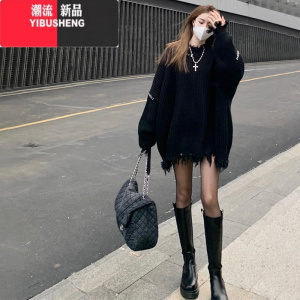 YIBUSHENG慵懒风流苏黑色毛衣中长款女日系复古针织设计感小众上衣冬季