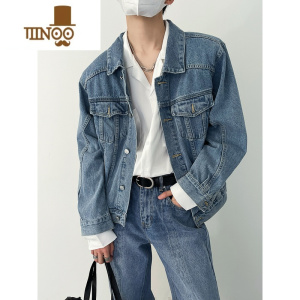 YANXUSF/春新款韩风时髦男生蓝色牛仔衣外套复古水洗短款垫肩夹克上衣
