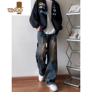 YANXU美式复古牛仔裤男小众设计感欧美hiphop裤子宽松工装裤高个子加长