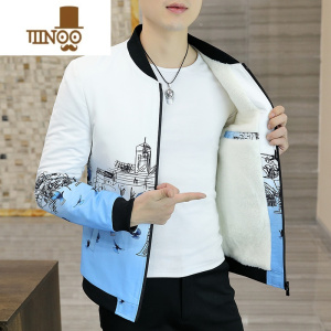 YANXU男士外套韩版修身加绒立领夹克男秋装个性潮男冬装加厚棉衣服