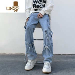 YANXU美式设计感牛仔裤男2023新款潮牌vibe感裤子直筒垂感长裤