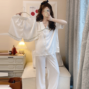 SHANCHAO睡衣女夏款冰短袖长裤三件套装纯色2023年新款女士夏季家居服