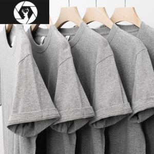 HongZun高级灰深灰色短袖t恤男250g麻灰色二本针半袖体恤女夏季