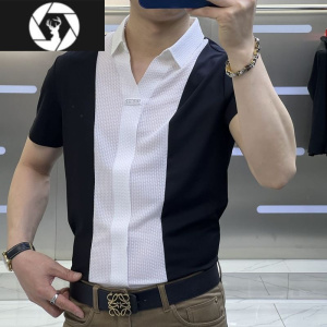 HongZun夏季新款男士高级轻奢短袖衬衫时尚商务休闲百搭修身拼接半袖t恤