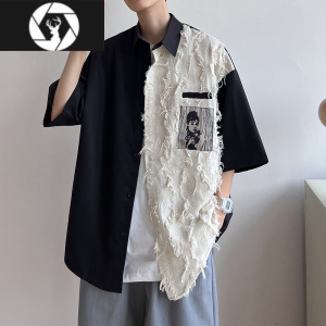 HongZun小众拼接撞色衬衫男夏季复古港风短袖衬衣ins韩版潮流设计感外套