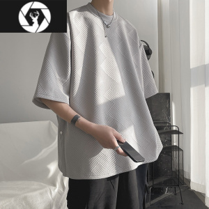 HongZun下摆开叉排扣短袖t恤男夏季300g美式潮牌设计感宽松圆领衣服