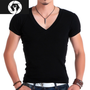 HongZun男紧身T恤男款短袖大V领健身上衣韩版修身型 超爽滑高弹力莱卡棉