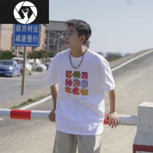 HongZun夏季240g精梳棉拼图印花短袖T恤男士半袖潮牌休闲学生体恤衫