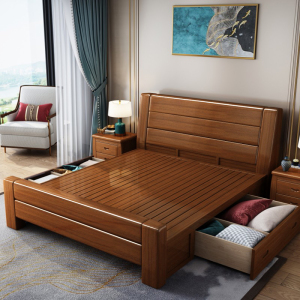 兰秀家居 床 金丝胡桃木实木床现代中式单人双人床1.5米1.8米卧室家具气压储物主卧婚床