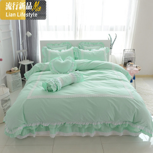韩式斜纹棉四件套白色公主风床单棉被套1.8m床裙式床上用品 三维工匠