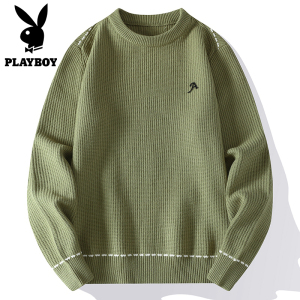 PLAYBOY简约圆领套头毛衣男士上衣服秋冬季新款青少年针织打底衫