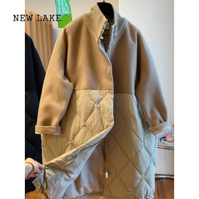 NEW LAKE欧货棉服女冬季2023新款中长款毛呢拼接高级感看立领棉衣外套
