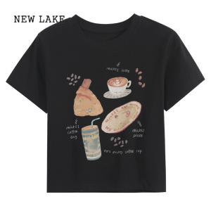 NEW LAKE美式复古短袖T恤女夏季04新款黑色印花打底衫设计感辣妹短上衣