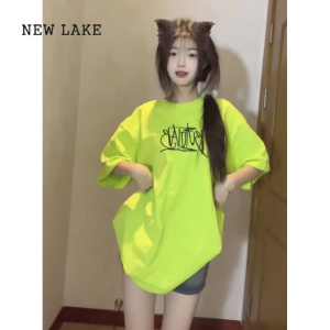 NEW LAKE国潮牌荧光绿字母短袖t恤女夏季宽松半袖2024新款设计感小众上衣