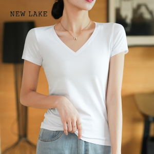 NEW LAKE2024年夏季t桖新款白色V领短袖T恤女纯色纯棉半袖上衣鸡心领短款
