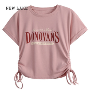 NEW LAKE纯棉短袖t恤女04夏季新款字母印花抽褶打底衫短款显瘦上衣