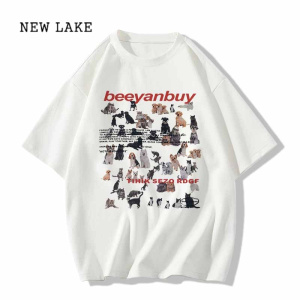 NEW LAKE美式复古卡通印花短袖t恤女夏季2024新款小众设计感宽松纯棉上衣