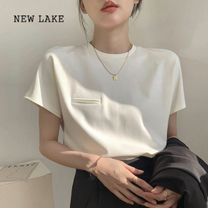 NEW LAKE白色正肩质感t恤女短袖夏季宽松休闲大版高级设计感独特别致上衣