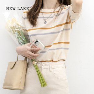 NEW LAKE冰丝条纹正肩t恤女短袖2024夏季新款设计感小众法式宽松针织上衣