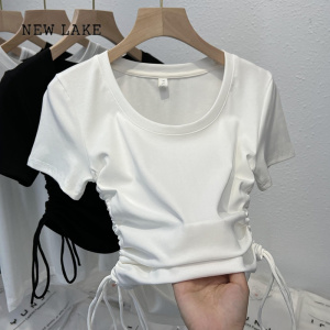 NEW LAKE白色正肩短袖t恤女夏内搭设计感修身小众独特别致抽褶短款小上衣