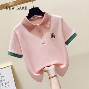 NEW LAKE粉色Polo衫翻领短袖T恤女夏洋气刺绣小熊短款高腰上衣设计感小众