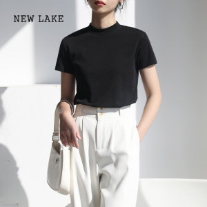 NEW LAKE纯棉短袖T恤女内搭小立领2024年夏季新款打底白色半高领半袖上衣