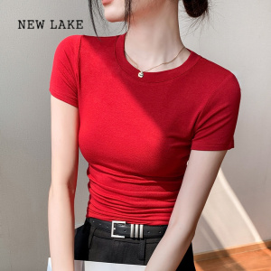 NEW LAKE红色圆领T恤女2024早秋修身显瘦吸汗透气正肩衬衫内搭短袖打底衫