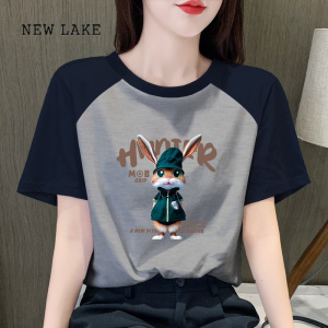 NEW LAKE2024夏季短袖T恤女韩版女装洋气纯棉圆领正肩修身撞色插肩上衣ins