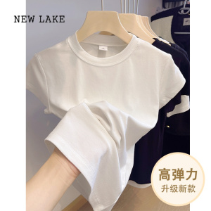 NEW LAKE夏季短袖女t恤修身紧身短款别致上衣小众设计感甜酷白色体恤薄款u