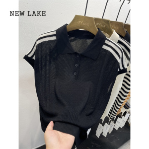 NEW LAKE大码女装夏季新款Polo领拼色冰丝短袖T恤纽扣洋气减龄无袖上衣潮