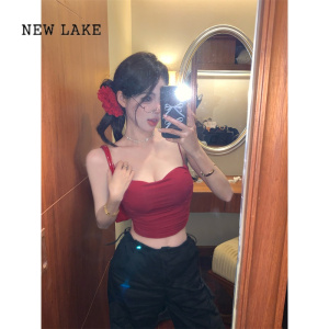 NEW LAKE红色带胸垫小吊带女夏季性感无袖背心纯欲风褶皱修身短款上衣外穿