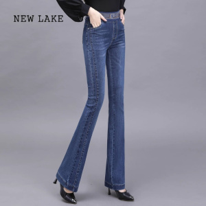 NEW LAKE牛仔裤女2024新款韩版时尚洋气钉珠微喇裤高腰显瘦毛边喇叭裤
