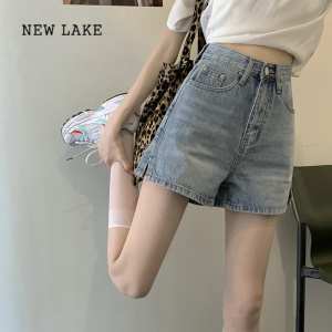 NEW LAKE大码胖妹妹开叉高腰牛仔短裤女辣妹夏季薄款宽松百搭学生阔腿热裤