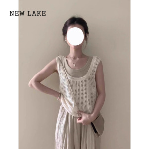 NEW LAKE法式镂空冰丝针织衫女夏季设计感小众叠穿小个子无袖坎肩背心上衣