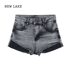 NEW LAKE辣妹复古牛仔短裤女装夏季高腰显瘦性感热裤小个子包臀阔腿裤子